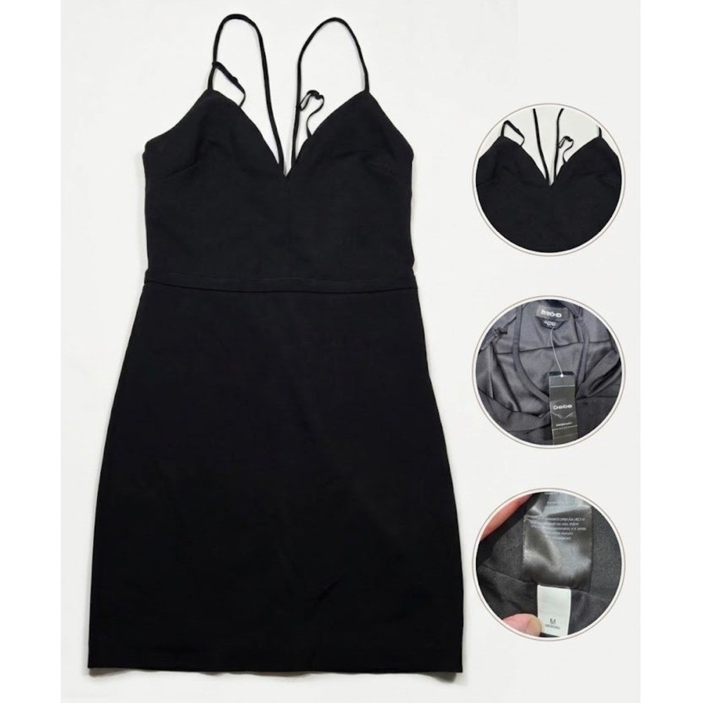 NWT Bebe Womens M Plunging Neck Double Strap Mini Dress Black Cocktail Bodycon
